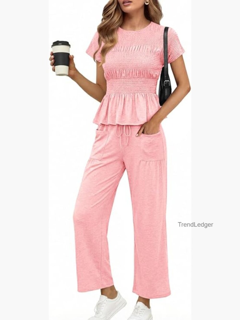 2 Piece Boho Lounge Set Smocked Top Wide Leg Pants Pockets